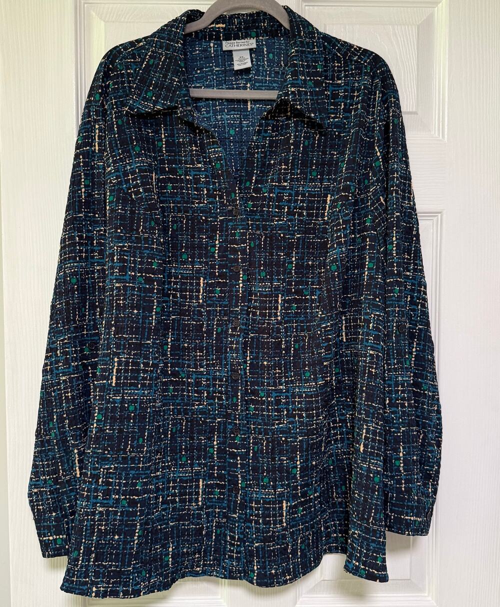 Catherines Women's Abstract Print Button Down Roll Tab Sleeve Top Size 2X